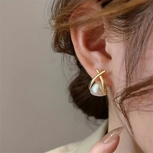 Metallic Cross Imitation Pearl Light Luxury Earrings