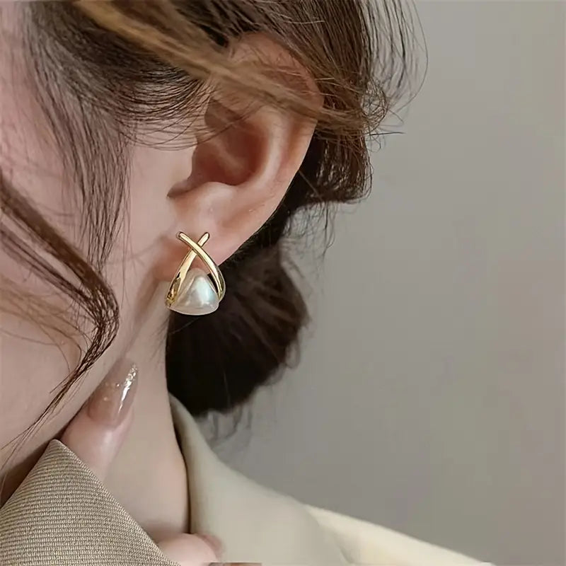 Metallic Cross Imitation Pearl Light Luxury Earrings