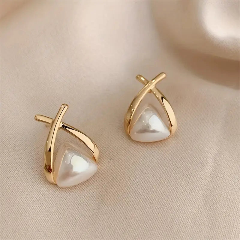 Metallic Cross Imitation Pearl Light Luxury Earrings